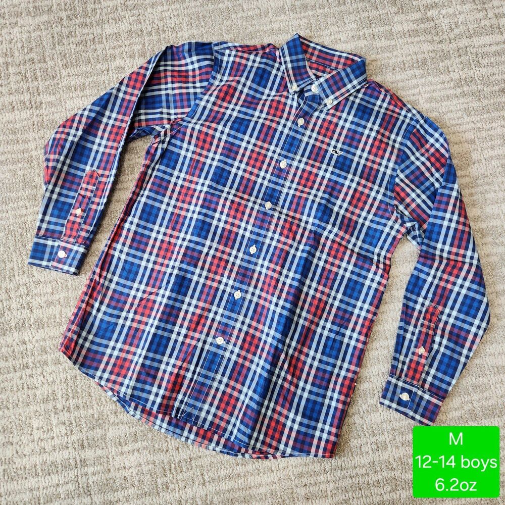 Vineyard Vines boys Whale shirt button down red blue white size M 12-14